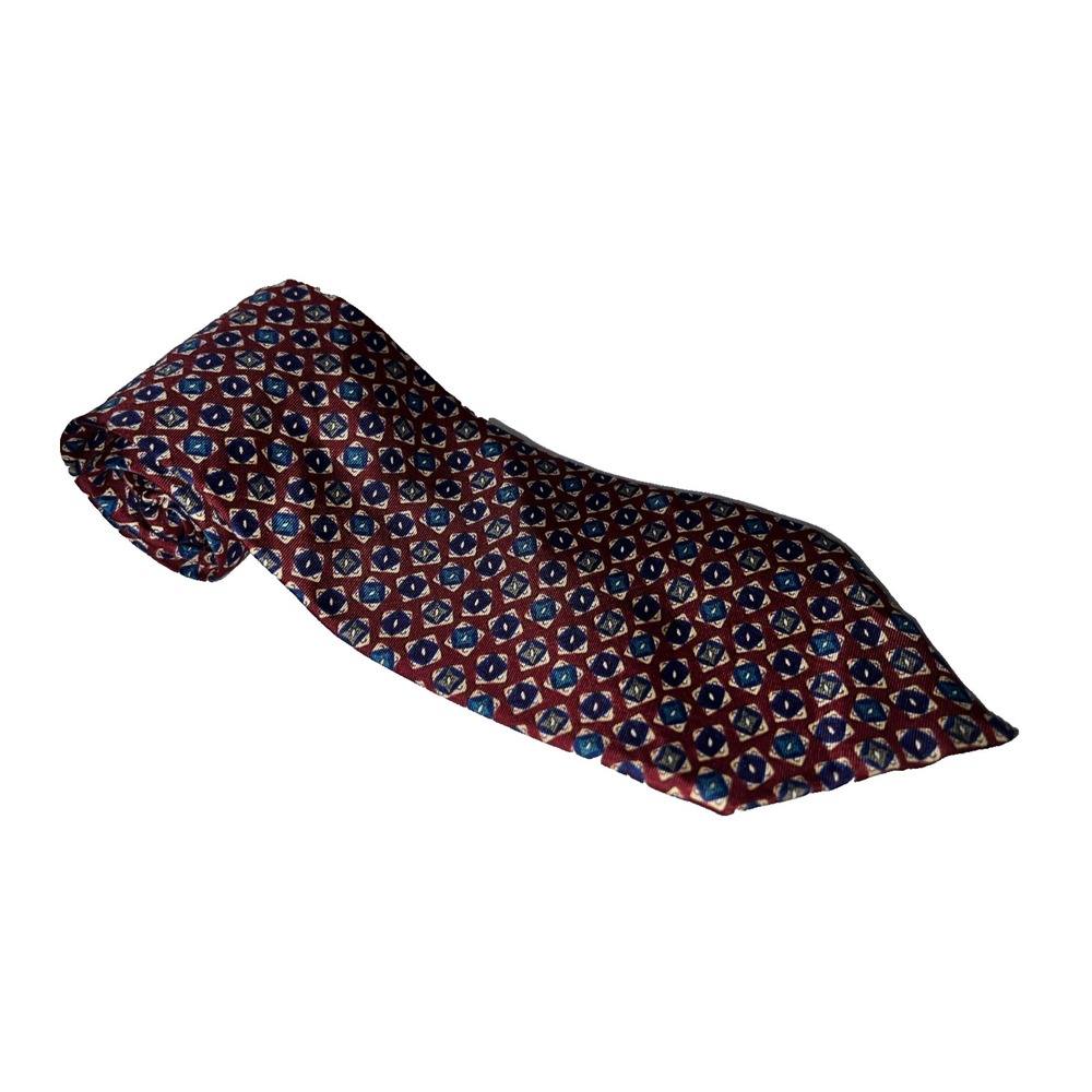 Christian Dior Monsieur Vintage Silk Tie Burgundy Blue Geo Medallion Made in USA